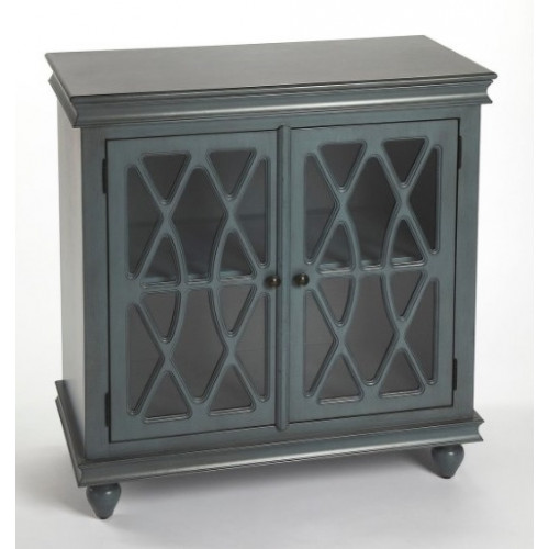 Vintage Blue Wood Accent Cabinet Fretwork Doors