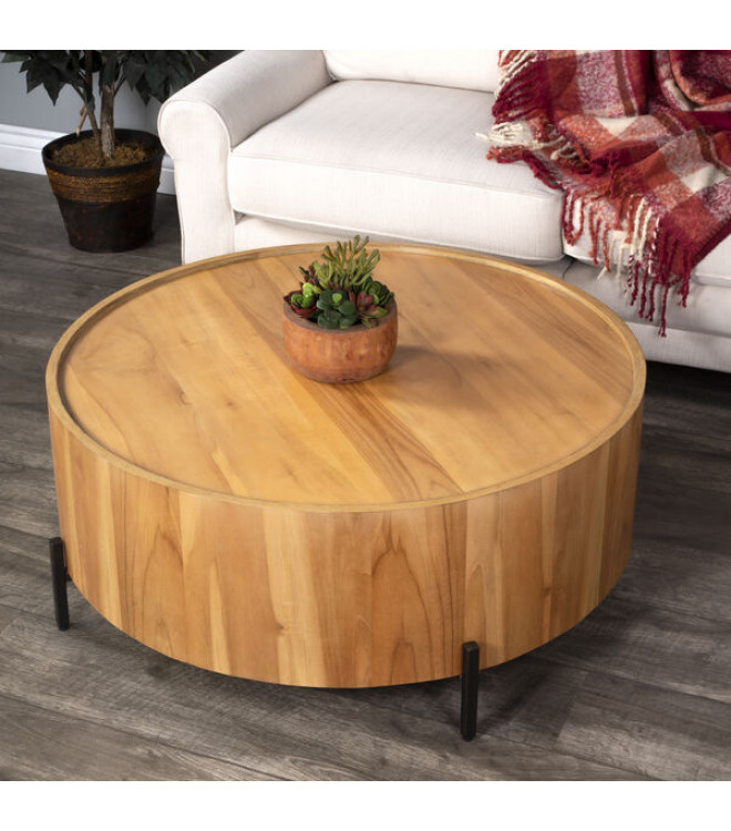 Round Teak Wood Iron Modern, Round Drum Coffee Table