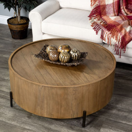 Round Light Cocoa Wood & Iron Modern Industrial Drum Coffee Table
