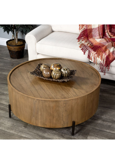 Round Light Cocoa Wood & Iron Modern Industrial Drum Coffee Table