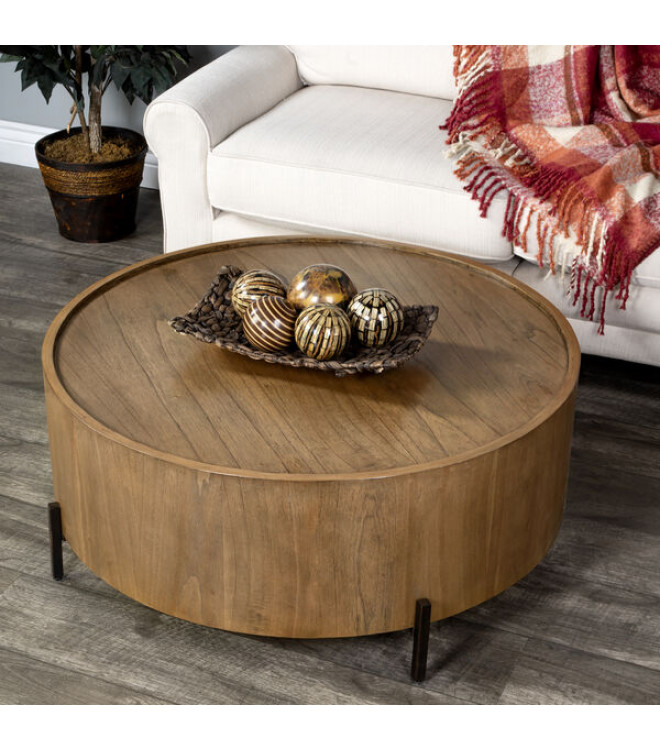 Round Light Cocoa Wood Iron Modern, Round Drum Coffee Table