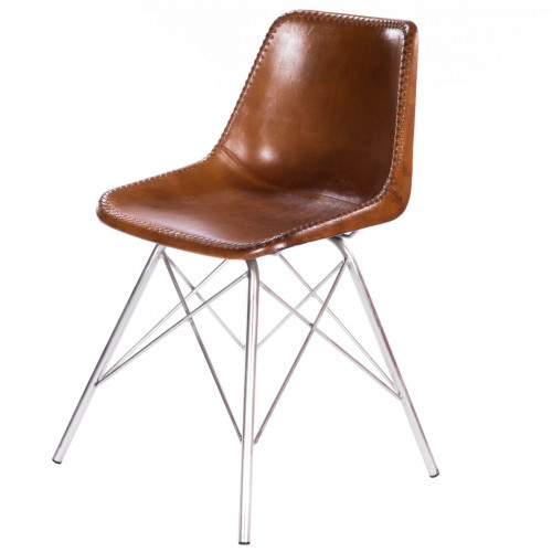 Brown Stitched Leather Mid Century Silver Legs Dining Chair