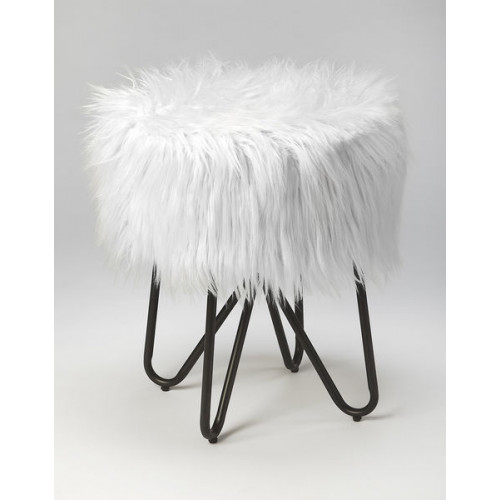 White Faux Fur Black Legs Vanity Seat Footstool 