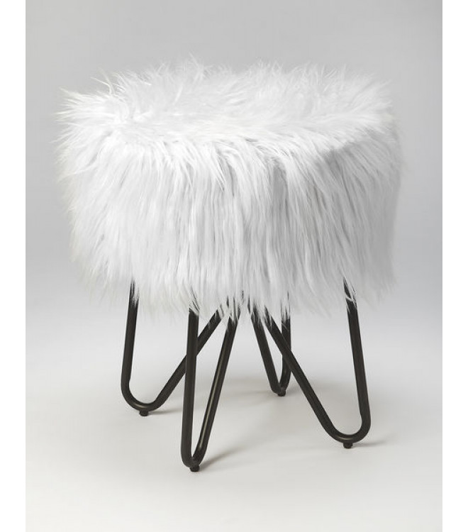 White Faux Fur Black Legs Vanity Seat, White Fuzzy Stool For Vanity