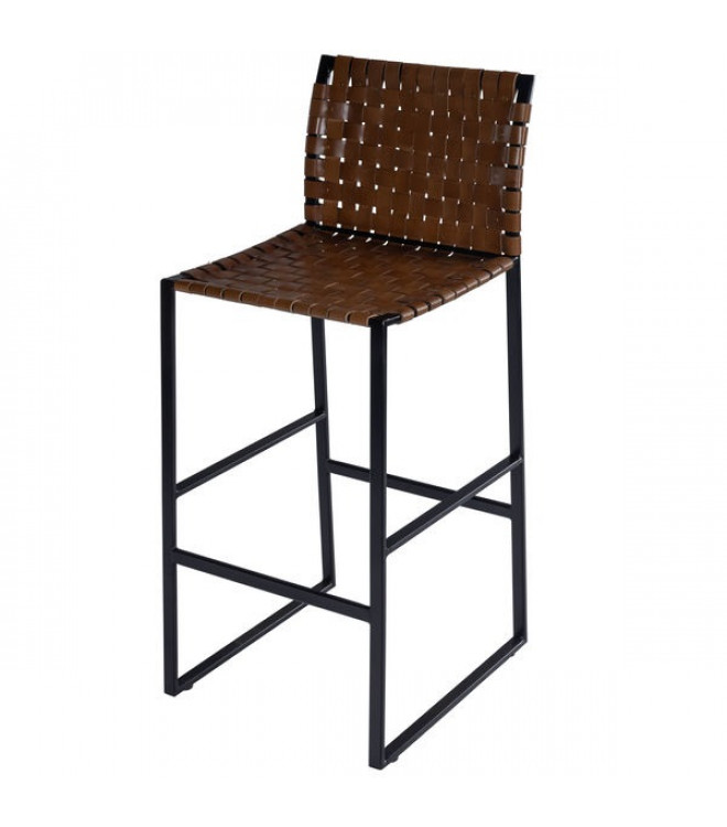 Brown Woven Leather Black Iron Base, Leather Woven Bar Stools