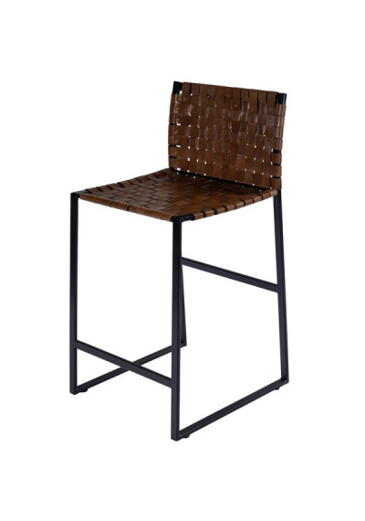 Brown Woven Leather Black Iron Base Armless Counter Stool