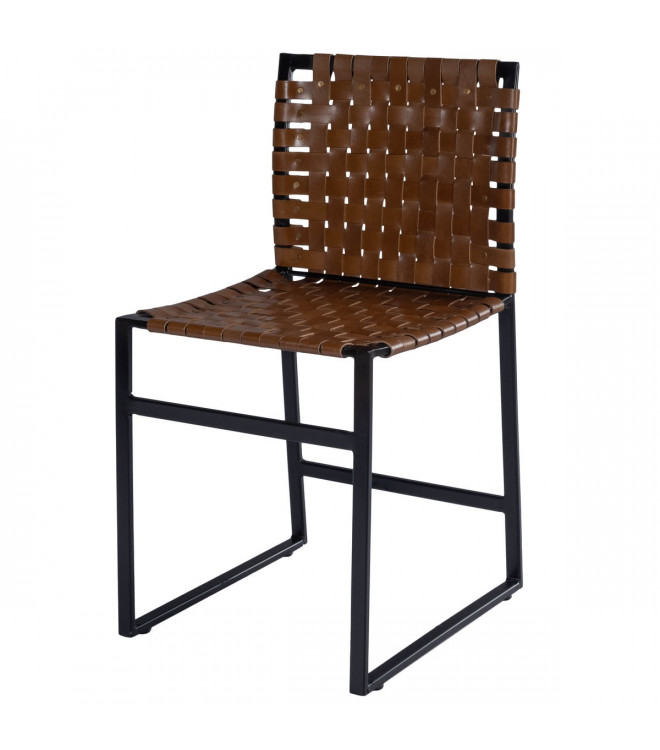 Brown Woven Leather Black Iron Base, Woven Leather Seat Dining Chair