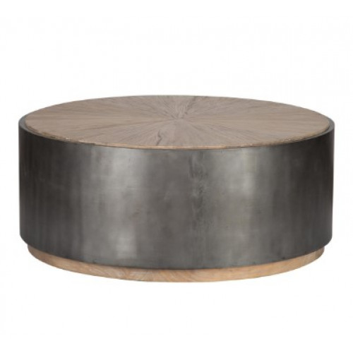 Wrought Iron Black Base & Starburst Design Wood Top Drum Coffee Table