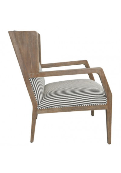 Wing Slatted Back Solid Wood & Striped Linen Blend Cushion Accent Chair