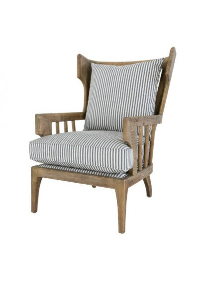 Winged Slatted Back Solid Wood & Striped Cushion Accent Chair