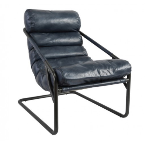 Blue Leather Chic Channel Back Black Iron Lounge Chair