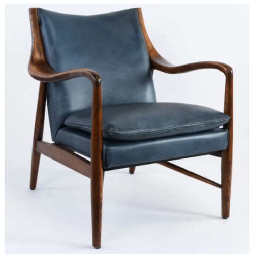 Plush Blue Leather & Wood Mid Century Club Chair