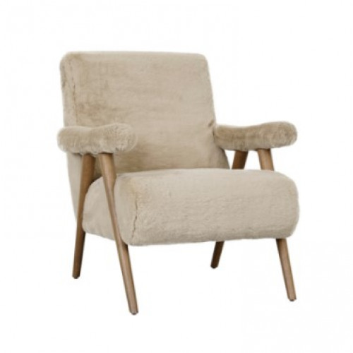 Beige Faux Furry Eclectic Wood Frame Accent Chair