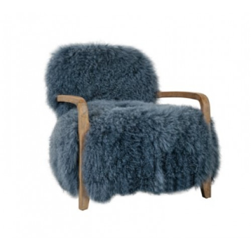Blue Real Sheepskin Eclectic Wood Frame Accent Chair