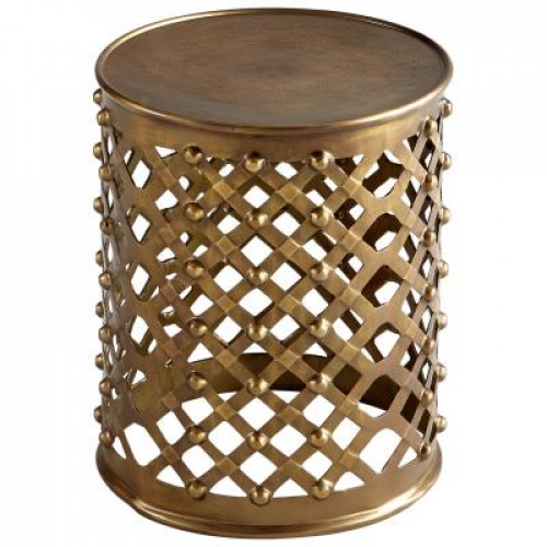 Brushed Bronze Metal Lattice Drum Accent Side Table