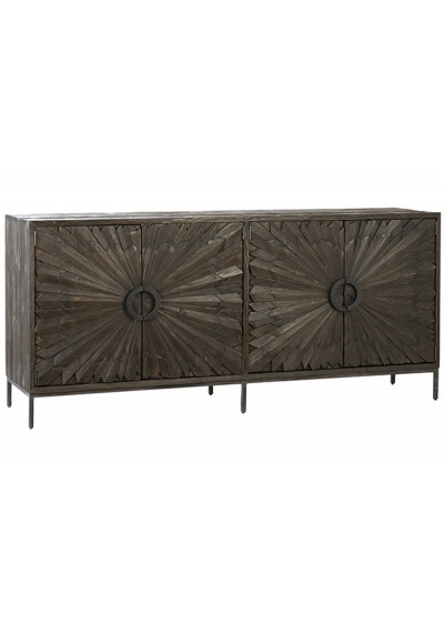 Reclaimed Dark Finish Pine Flower Door Iron Base Sideboard Cabinet