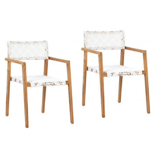 White Synthetic Rattan Natural Teak Indoor Outdoor Dining Chair Set 2