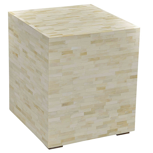 White Bone Inlay Geometric Design Square Cube Accent Table
