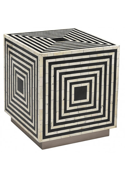 Black & White Bone Inlay Geometric Design Square Cube Accent Table