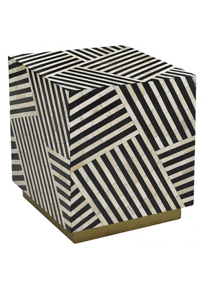 Black & White Bone Inlay Geometric Patch Design Square Cube Accent Table