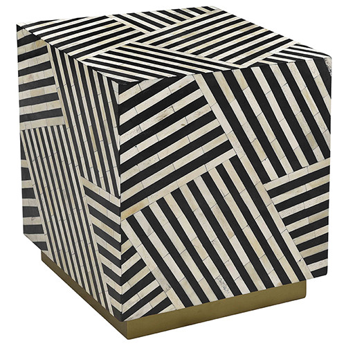 Black & White Bone Inlay Geometric Patch Design Square Cube Accent Table