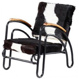 Eclectic Black & White Hair on Hide Black Metal Frame Lounge Chair