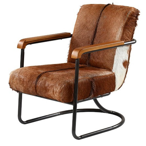 Eclectic Brown & White Hair on Hide Black Metal Frame Lounge Chair