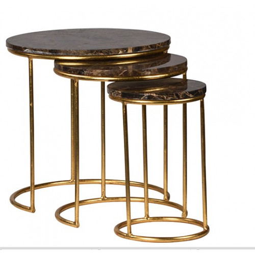 Stone & Gold Finish Iron Nesting Tables - Set of 3