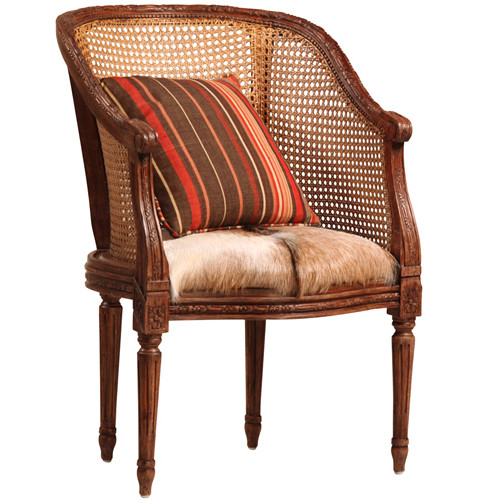 Hand Carved Wood Rattan & Hide Seat Accent Chair