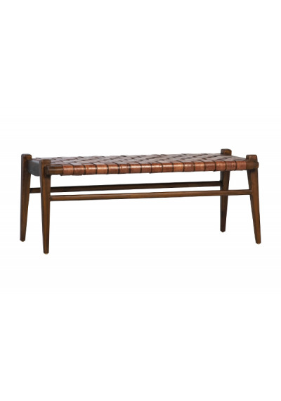 Full Grain Leather Weave & Rich Stained Teak Wood Bench 