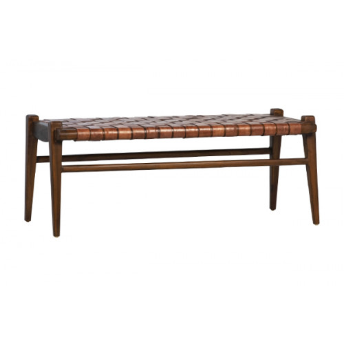 Full Grain Leather Weave & Rich Stained Teak Wood Bench 