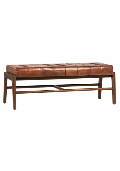 Full Grain Leather Square Tufted & Rich Stained Teak Wood Bench 