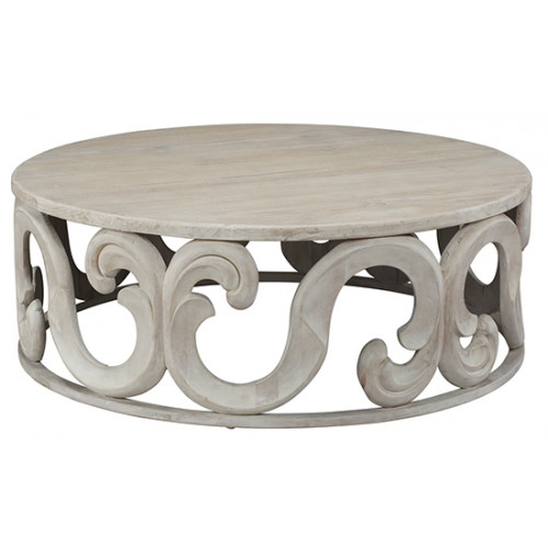 Round White Grey Pine Ornate Sculpted Base Coffee Table
