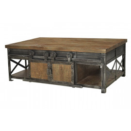 Industrial Iron & Wood Sliding Doors Storage Coffee Table