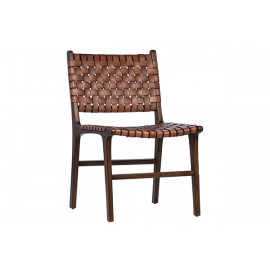 Brown Woven Leather Teak Frame Armless Dining Chair Set 2