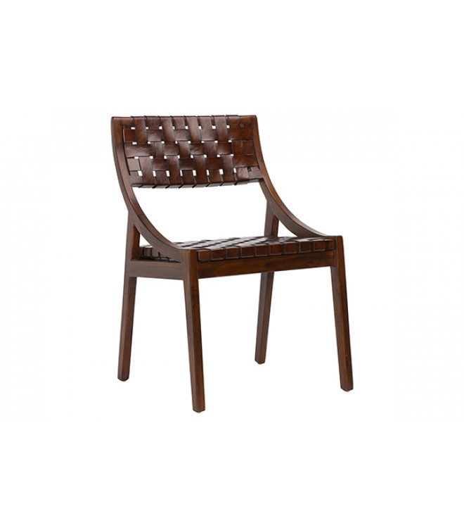 Brown Woven Leather Teak Slope Frame, Woven Leather Strap Dining Chair