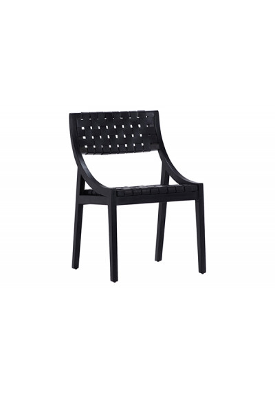 Black Woven Leather Teak Slope Frame Dining Chair Set 2