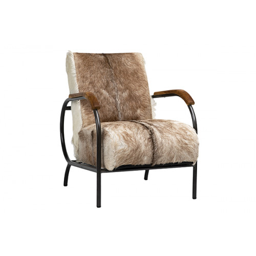 Eclectic White & Brown Hair on Hide Black Metal Frame Lounge Chair