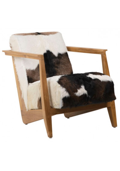 Black Brown & White Hair on Hide & Teak Wood Low  Lounge Arm Chair