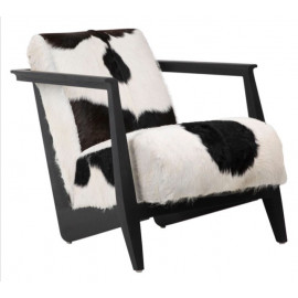 Black & White Hair on Hide & Black Teak Wood Low  Lounge Arm Chair