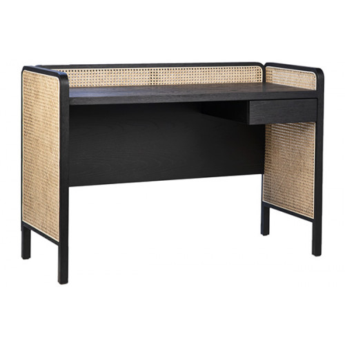 Black Stained Oak Desk with Natural Rattan Cane Accents