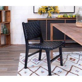Black Woven Leather Teak Frame Armless Dining Chair Set 2