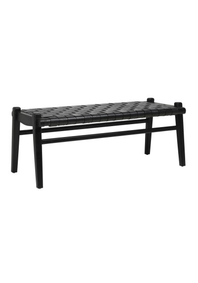 Full Grain Black Leather Weave & Rich Stained Teak Wood Bench 