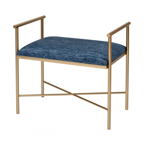Blue Chenille Seat Gold Leg Footstool Ottoman Bench