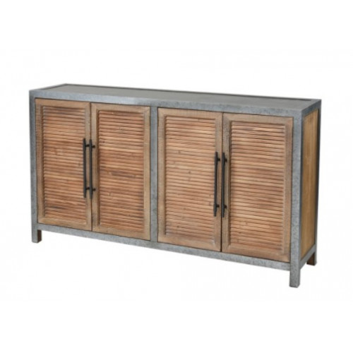 Oak Finish Shutter Doors Galvanized Metal Body Sideboard Cabinet