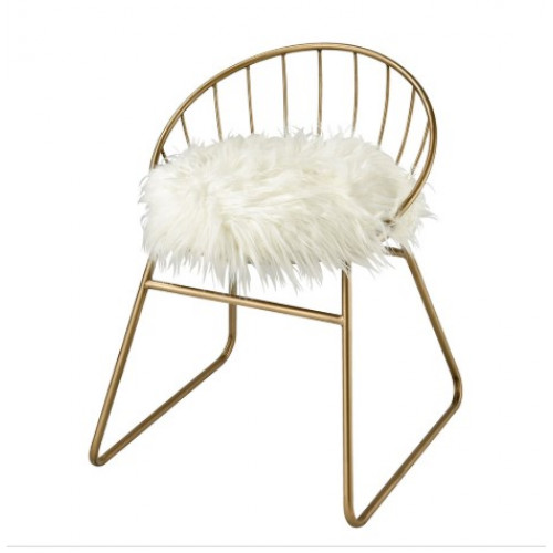 Gold Frame White Fluffy Faux Fur Seat Accent Chair