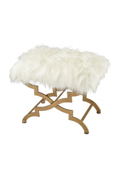 Gold X Frame White Fluffy Faux Fur Bench Footstool Ottoman 