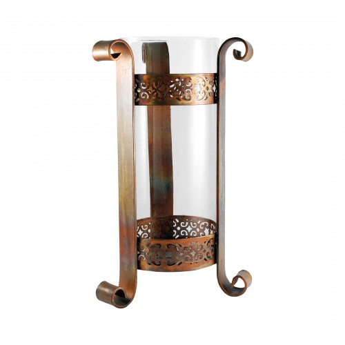 Tall Burned Copper & Glass Hurricane Candle Holder