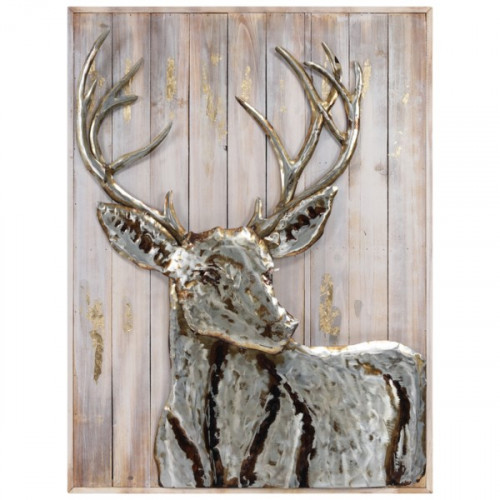 Silver Iron Deer Wall Sculpture on Slatted Solid Wood