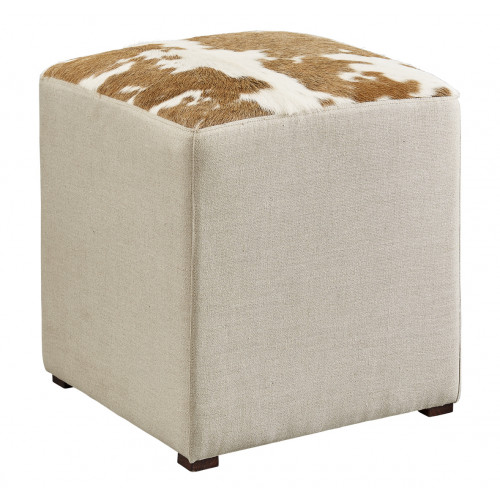 Cow Hide & Neutral Linen Square Cube Footstool Ottoman